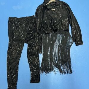 Black Sequin Fringe Jacket and Pants Set